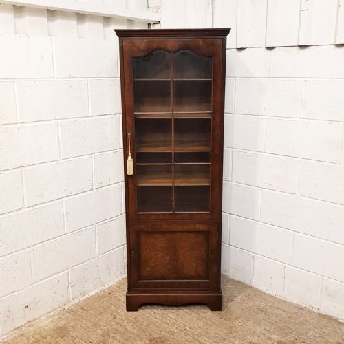 fig 2. ANTIQUE BURR WALNUT TALL NARROW GLAZED BOOKCASE C1920.