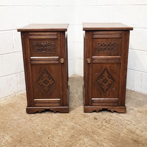 fig 1. ANTIQUE PAIR VICTORIAN CARVED OAK BEDSIDE CABINETS C1880