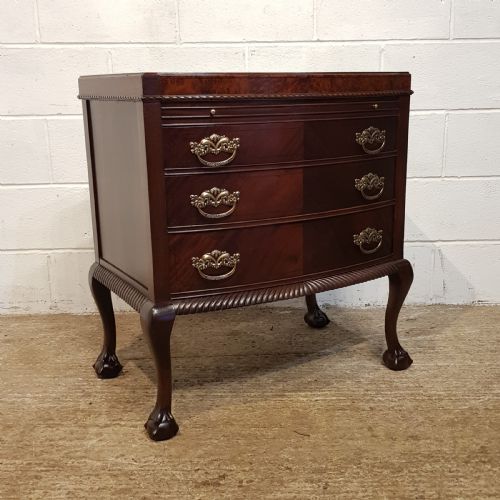 fig 1. ANTIQUE MAHOGANY BOW FRONT CHEET OF DRAWERS WITH WRITING SLIDE C1920