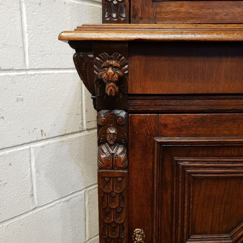 ANTIQUE VICTORIAN GOTHIC CATVED OAK TALL NARROW BOOKCASE ON CABINET C1880 - ADDITIONAL PHOTO 3