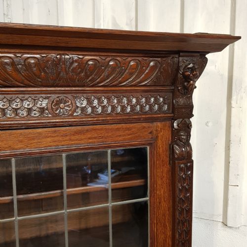 ANTIQUE VICTORIAN GOTHIC CATVED OAK TALL NARROW BOOKCASE ON CABINET C1880 - ADDITIONAL PHOTO 6