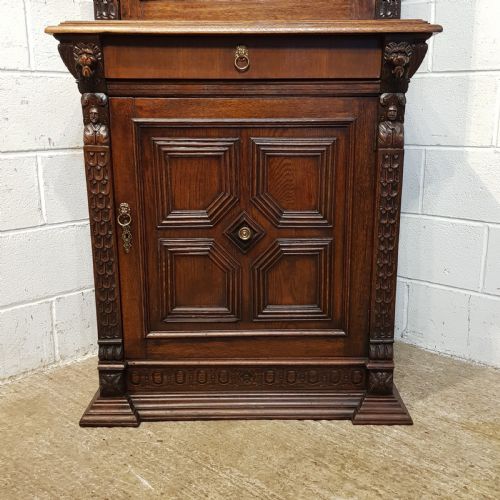 ANTIQUE VICTORIAN GOTHIC CATVED OAK TALL NARROW BOOKCASE ON CABINET C1880 - ADDITIONAL PHOTO 7