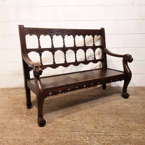Antique Victorian Carved Oak Hall Bench C1880