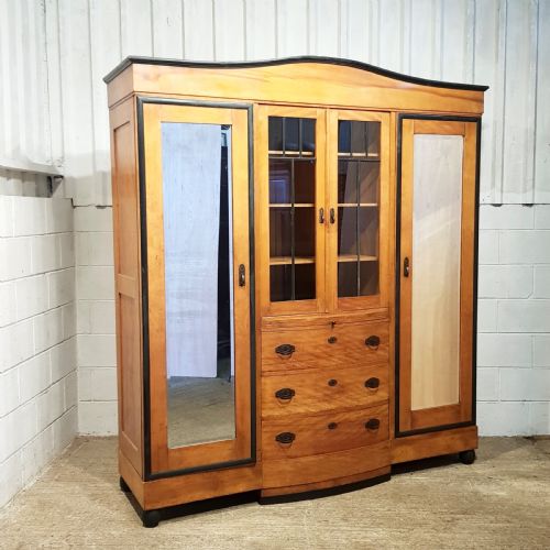 fig 1. ANTIQUE CONTINENTAL SATINWOOD & EBONY TRIPLE WARDROBE ARMOIRE C1900