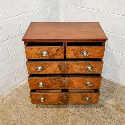 fig 1. AN ANTIQUE DWARF WALNUT AND BURR WALNUT CHEST OF DRAWERS C1900