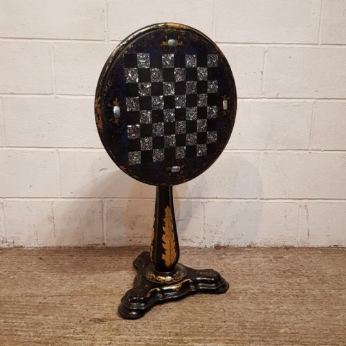 fig 1. A VICTORIAN TIP TOP EBONISED PAPIER MACHE ROUND CHESS TABLE C1880