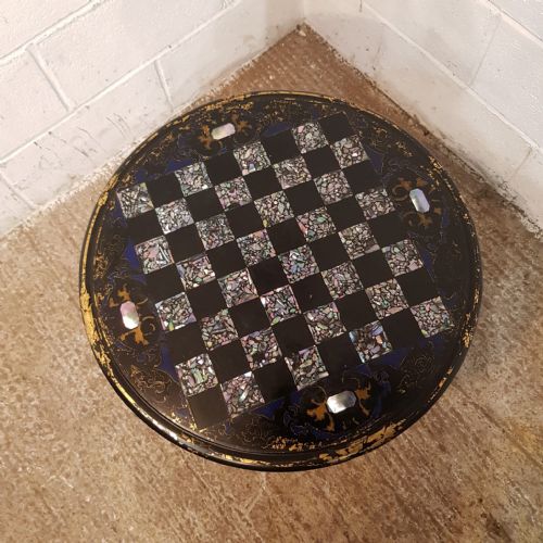 fig 2. A VICTORIAN TIP TOP EBONISED PAPIER MACHE ROUND CHESS TABLE C1880
