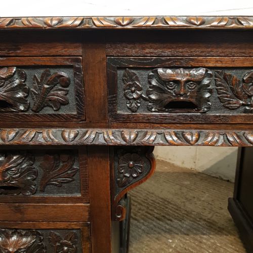A VICTORIAN GREEN MAN CARVED OAK TWIN PEDESTAL DESK C1880 - ADDITIONAL PHOTO 1