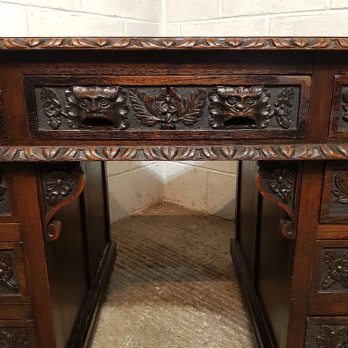 A VICTORIAN GREEN MAN CARVED OAK TWIN PEDESTAL DESK C1880 - ADDITIONAL PHOTO 4