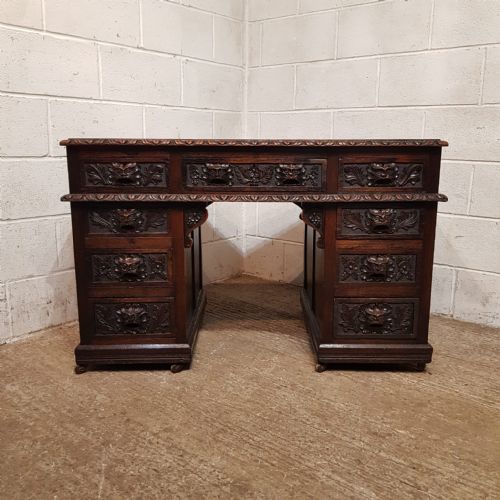 A VICTORIAN GREEN MAN CARVED OAK TWIN PEDESTAL DESK C1880 - ADDITIONAL PHOTO 5