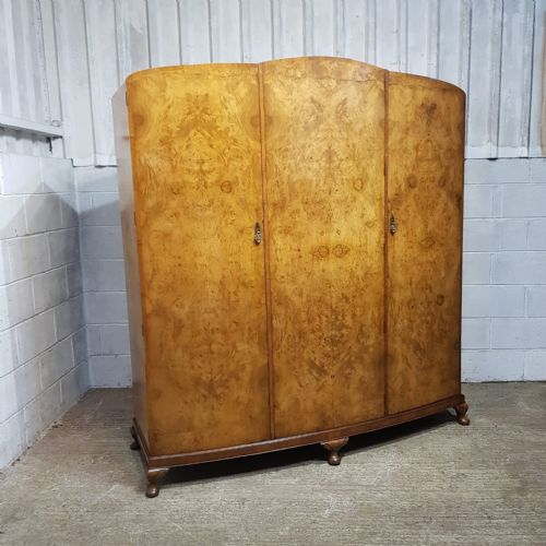 A BURR WALNUT ART DECO BOW FRONTED TRIPLE WARDROBE C1920 - ADDITIONAL PHOTO 2