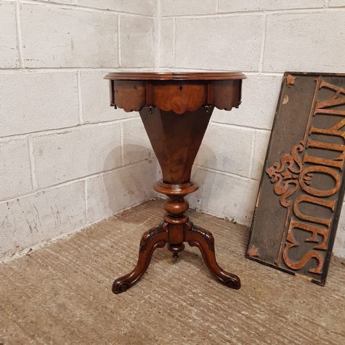 A VICTORIAN BURR WALNUT TRUMPET WORK BOX C1870