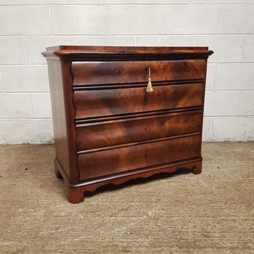 A SMALL BIDERMEIER 4 HT MAHOGANY SERPENTINE FRONTED CHEST OF DRAWERS C1870