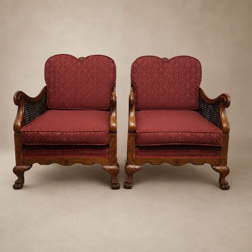 A Pair of Walnut Framed Split Cane Bergere Easy Chairs C1920