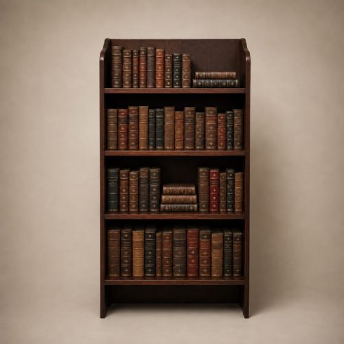 fig 2. A matching pair of dark mahogany open bookcases featuring four fixed shelves and shaped top sides.