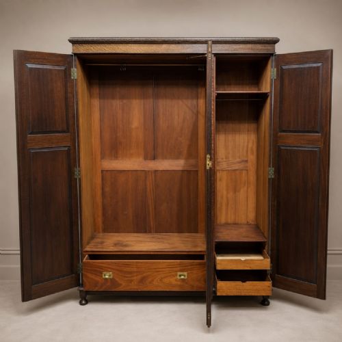 fig 2. A 1920s oak triple wardrobe featuring two carved side doors with oval medallions flanking a central mirrored door.
