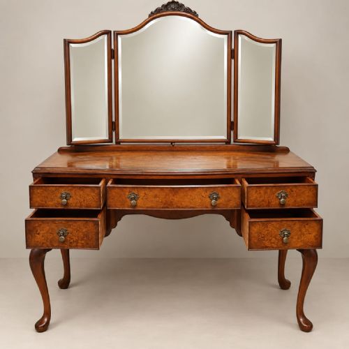 A Burr Walnut Queen Anne Style Serpentine Fronted Dressing Table C1920