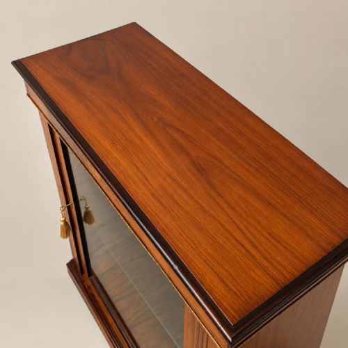 fig 1. A late 19th-century Victorian rosewood pier cabinet featuring a glazed single door, brass beaded moulding, inlaid foliate marquetry, and a blue fabric-lined interior with glass shelves.