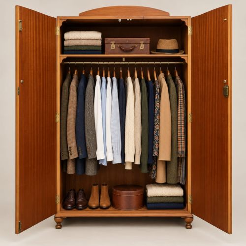 fig 1. A 1920s two-door burr walnut double wardrobe featuring an arched top rail, quarter-veneered door panels with brass knobs, and turned feet.