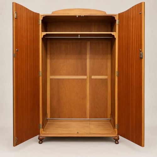 fig 2. A 1920s two-door burr walnut double wardrobe featuring an arched top rail, quarter-veneered door panels with brass knobs, and turned feet.