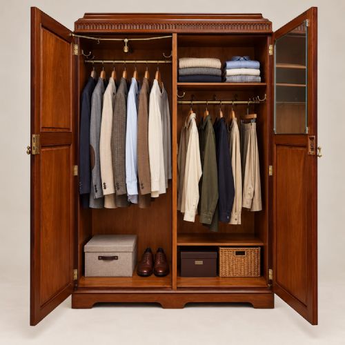 fig 2. An Edwardian double wardrobe constructed from warm brown mahogany featuring two full-length panelled doors and brass handles.