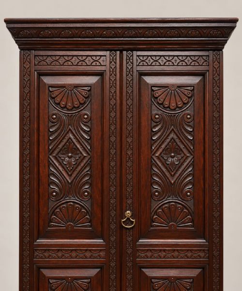 fig 1. A tall dark oak George III cupboard featuring two panelled doors decorated with carved lunettes, rosettes, and geometric motifs, standing on bracket feet.