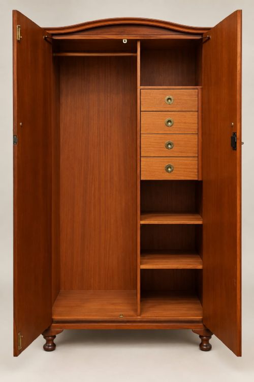 fig 2. A two-door 1920s small burr walnut wardrobe featuring symmetrical bookmatched wood grain, a gently arched top, brass drop handles, and short turned feet.