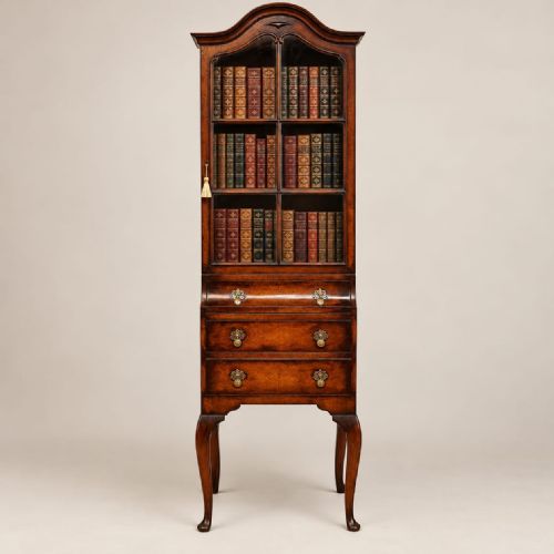 fig 2. A tall, narrow burr walnut cabinet featuring an arched glazed upper section above three drawers supported by slender cabriole legs.