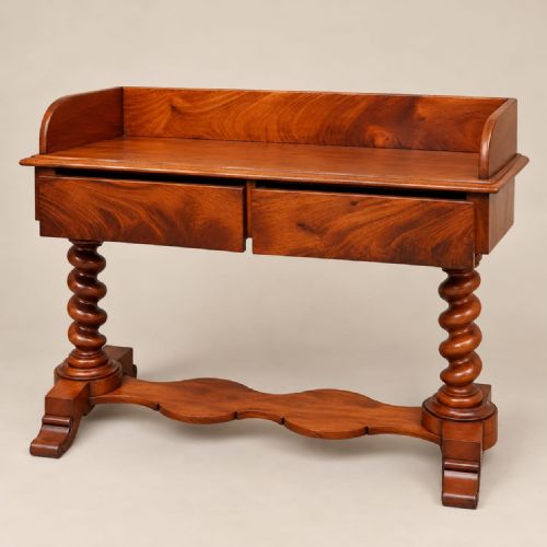fig 1. A Victorian warm brown mahogany washstand featuring a raised gallery back, two front drawers, barley twist legs, and a contoured serpentine base.