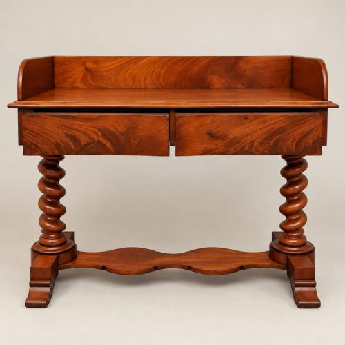fig 2. A Victorian warm brown mahogany washstand featuring a raised gallery back, two front drawers, barley twist legs, and a contoured serpentine base.