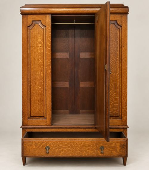 fig 2. A freestanding 1920s oak wardrobe featuring a central mirrored door flanked by two panelled sections above a single lower drawer.