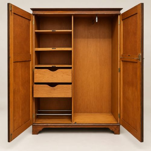 fig 1. A 1920s oak dwarf wardrobe with double panelled doors, bracket feet, and a central brass drop handle.