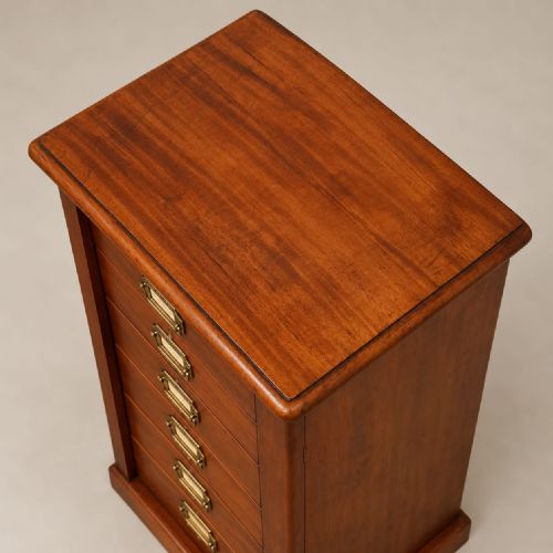 fig 2. A tall mahogany Wellington chest featuring seven drawers with brass handles and a hinged locking bar set on a plinth base.