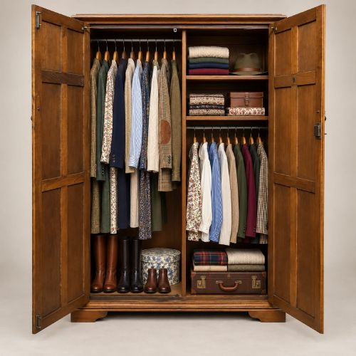 fig 2. A two-door warm brown oak wardrobe featuring carved diamond motifs on upper panels, recessed rectangular lower panels, and dark iron hardware.