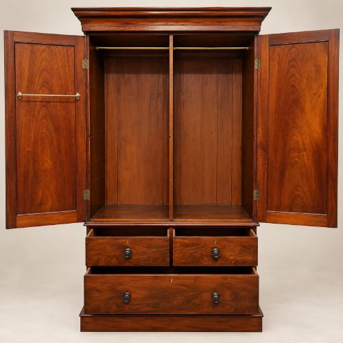 fig 2. A Victorian mahogany double wardrobe featuring two arched panel doors set above a base with two short drawers and one long drawer.