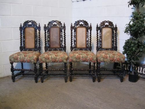 Antique Victorian Set Four Gothic Jacobean Carved Oak Chairs