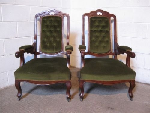 Pair Antique Edwardian Mahogany Salon Arm Chairs C1900