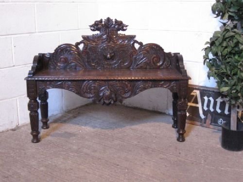 Antique Victorian Gothic Carved Oak Hall Bench Seat C1880