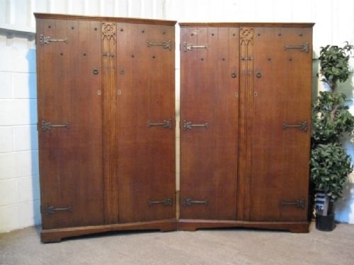 Pair Arts & Crafts Tudric Liberty Style Oak Wardrobes Armoires C1950
