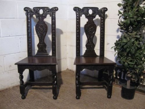 Pair Early Victorian Carved Oak Hall Chairs C1850
