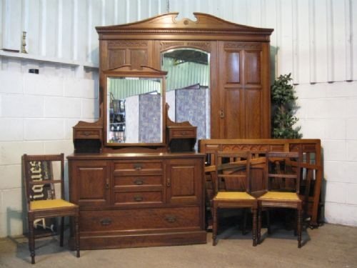 Antique Late Victorian Oak 7 Piece Bedroom Suite  Triple Wardrobe,dressing Chest,pair Sing Beds, 3 Bedroom Chairs C1890
