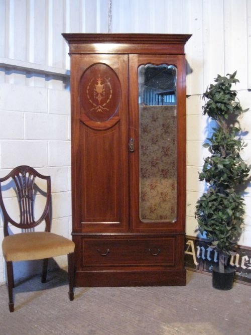 Gorgeous Antique Edwardian Inlaid Mahogany Single Hall Robe Armoire C1900