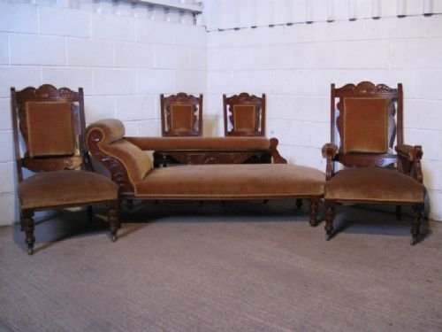 Superb Antique Victorian Carved Oak Salon Suite, Chaise Longue, Library Chairs C1880