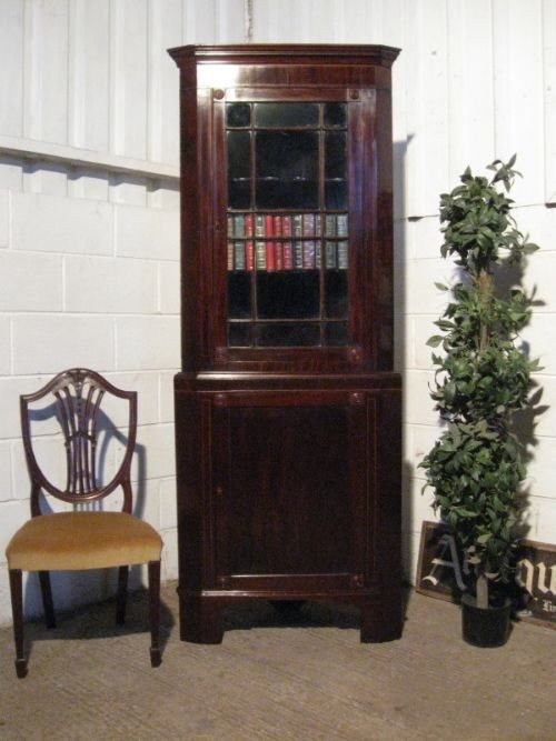 Antique Regency Mahogany Inlaid Full Height Glazed Corner Cabinet