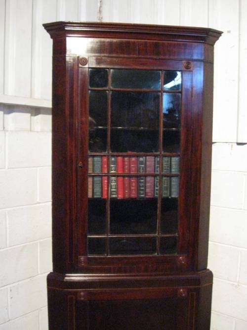 fig 1. ANTIQUE REGENCY MAHOGANY INLAID FULL HEIGHT GLAZED CORNER CABINET