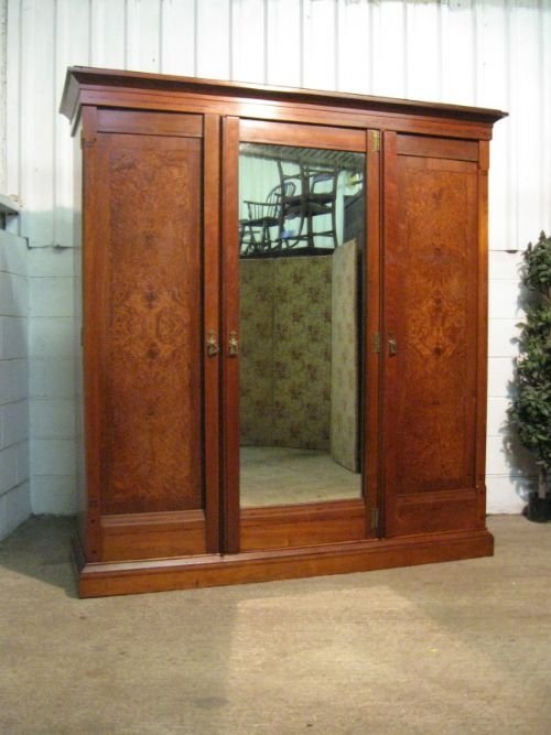 Superb Arts & Crafts Mahogany & Burr Maple Triple Wardrobe Armoire C1880