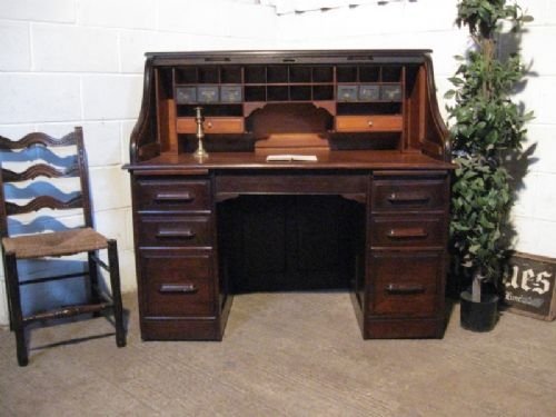 Superb Antique Edwardian Solid Oak Tambor Roll Top Kneehole Desk C1900 Wdb290/25.7