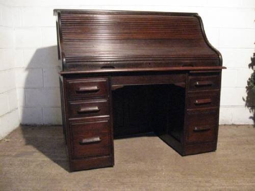 fig 1. SUPERB ANTIQUE EDWARDIAN SOLID OAK TAMBOR ROLL TOP KNEEHOLE DESK C1900 WDB290/25.7