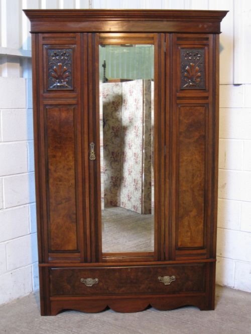 Antique Art Nouveau Single Doored Mahigany & Burr Walnut Wardrobe C1890