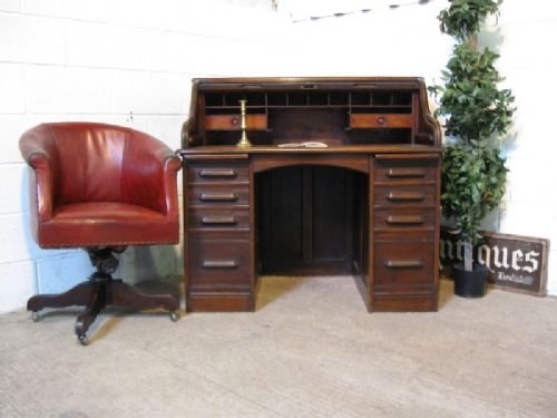 Antique Edwardian Solid Oak Tambour Roll Top Desk C1900